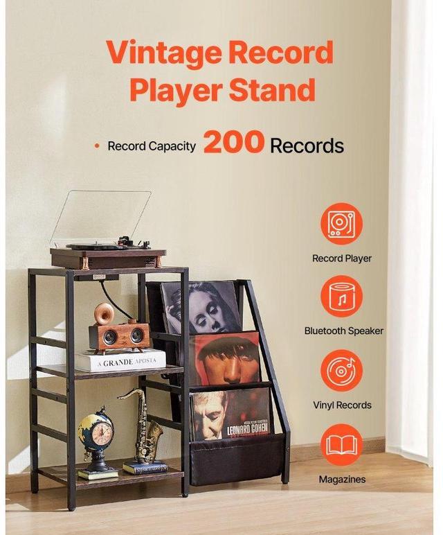 Alt view image 2 of 7 - VEVOR 3 Tiers Record Player with LED Light & USB Ports Metal Vinyl Shelf Black