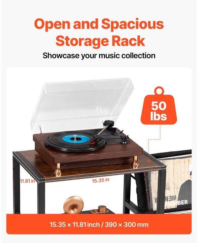 Alt view image 4 of 7 - VEVOR 3 Tiers Record Player with LED Light & USB Ports Metal Vinyl Shelf Black