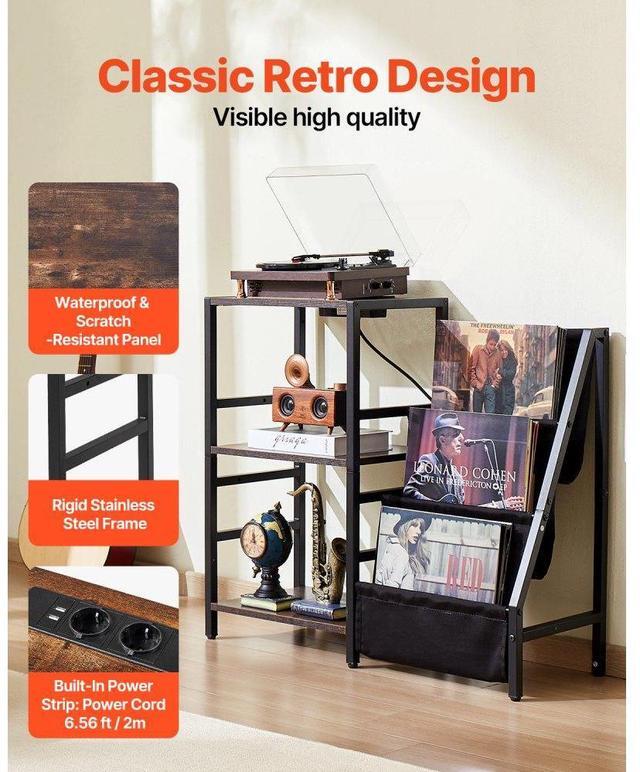 Alt view image 5 of 7 - VEVOR 3 Tiers Record Player with LED Light & USB Ports Metal Vinyl Shelf Black