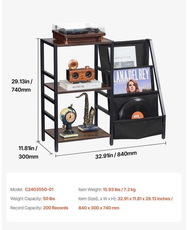 Alt view image 7 of 7 - VEVOR 3 Tiers Record Player with LED Light & USB Ports Metal Vinyl Shelf Black
