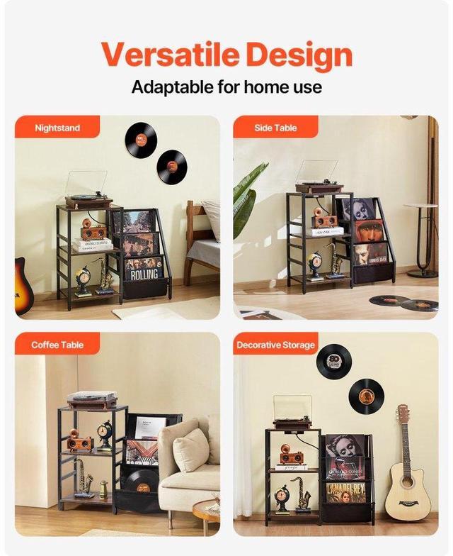 Alt view image 6 of 7 - VEVOR 3 Tiers Record Player with LED Light & USB Ports Metal Vinyl Shelf Black