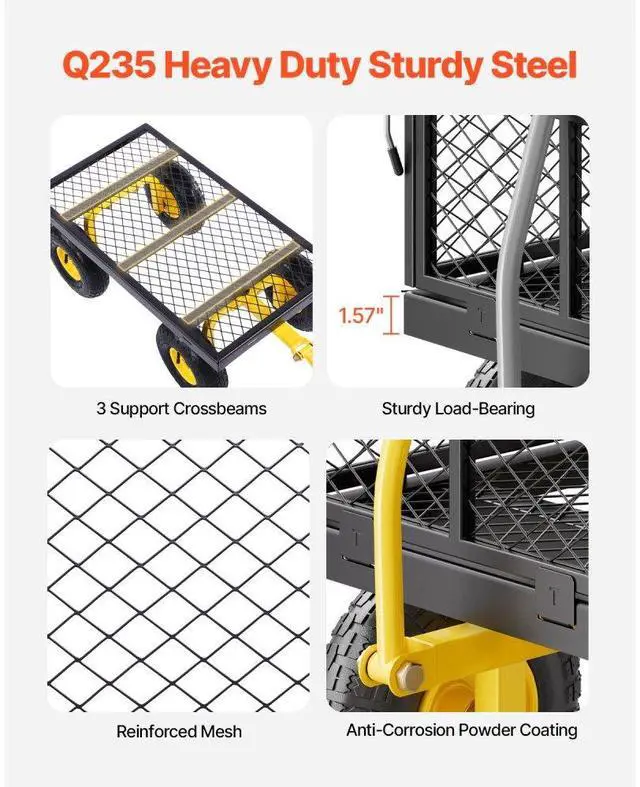 Alt view image 4 of 7 - VEVOR 500 Lbs Steel Garden Cart, Heavy Duty Pullable Cart with Wheels for Garden, Metal Yard Utility Wagon with 10" All Terrain Tires, Removable Mesh Sides and 180° Rotating Handle