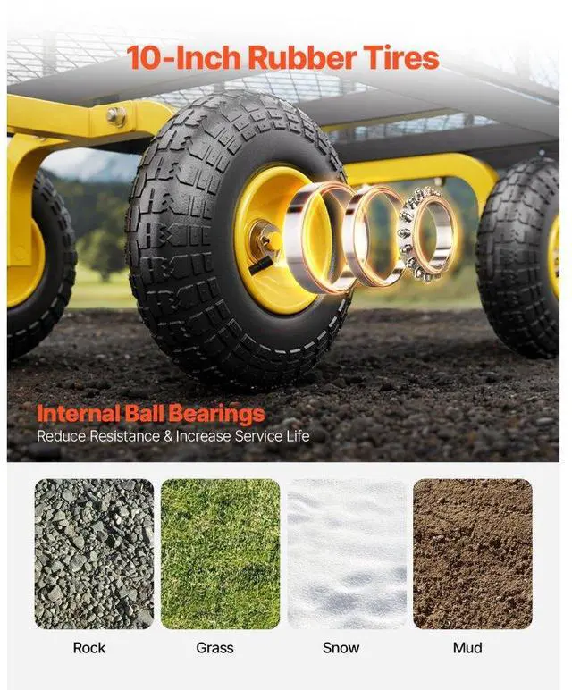 Alt view image 5 of 7 - VEVOR 500 Lbs Steel Garden Cart, Heavy Duty Pullable Cart with Wheels for Garden, Metal Yard Utility Wagon with 10" All Terrain Tires, Removable Mesh Sides and 180° Rotating Handle