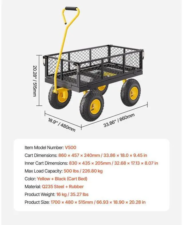 Alt view image 7 of 7 - VEVOR 500 Lbs Steel Garden Cart, Heavy Duty Pullable Cart with Wheels for Garden, Metal Yard Utility Wagon with 10" All Terrain Tires, Removable Mesh Sides and 180° Rotating Handle