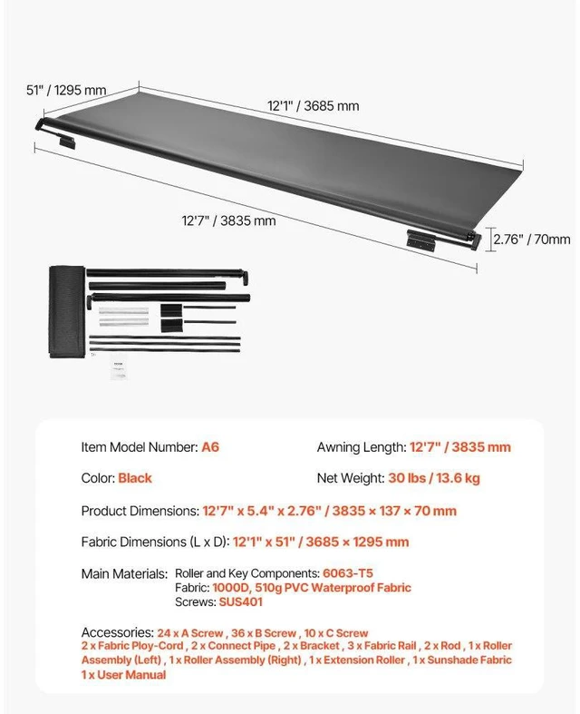 Alt view image 7 of 7 - VEVOR 1" to 12' Awning Fabric Replacement Black Slide Topper Awning for RVs