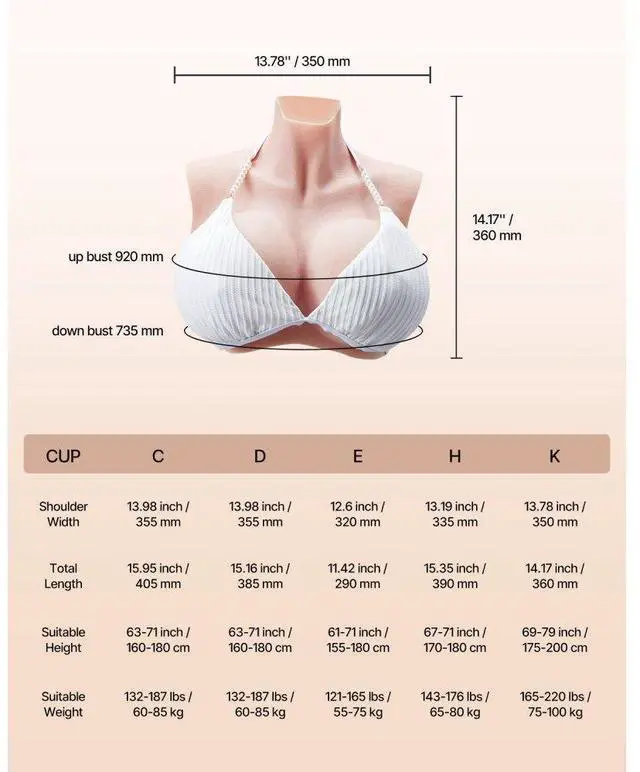 Alt view image 7 of 7 - VEVOR Silicone Breastplate K Sized High Neckline Fake Breasts for Cosplay Drag Queen
