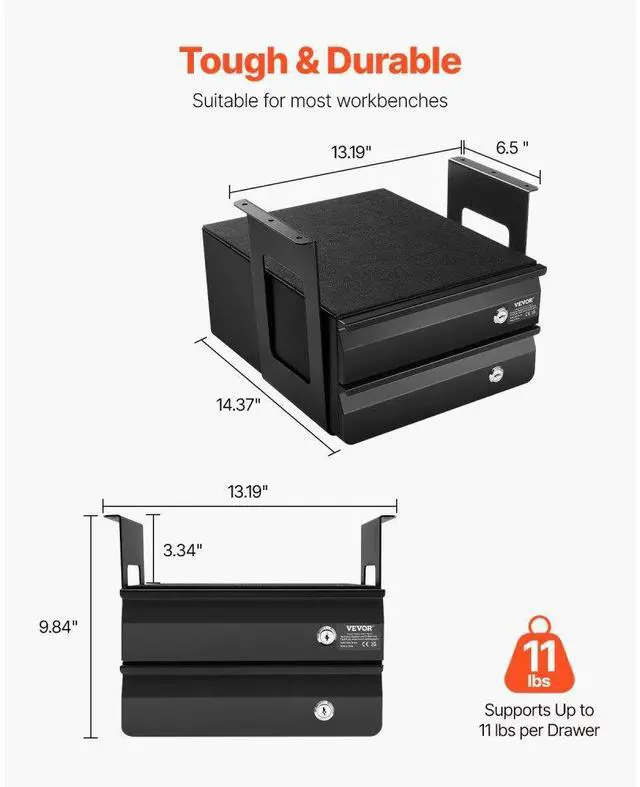 Alt view image 2 of 7 - VEVOR 2 Drawer 13" Lockable Under Desk Drawer Organizer Slide-out Drawer Home Office