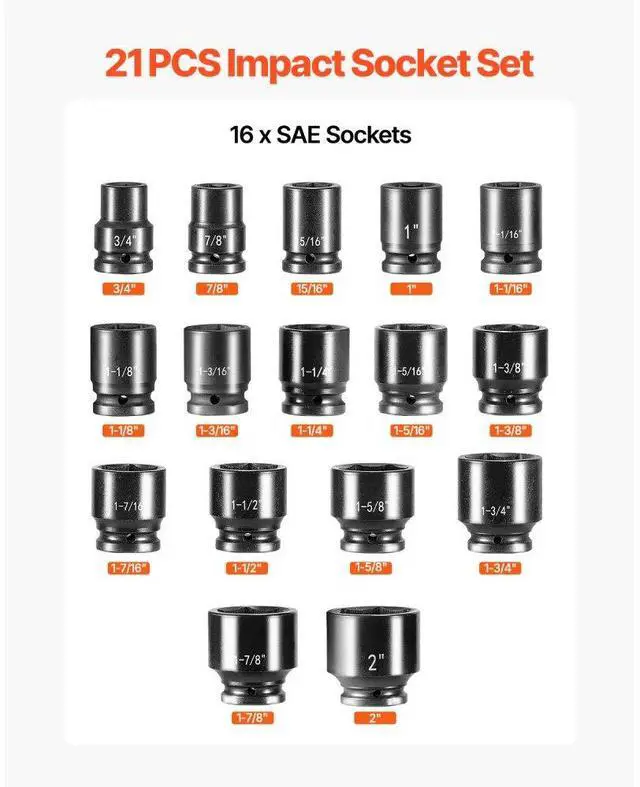 Alt view image 3 of 7 - Impact Socket Set Impact Sockets 3/4 Inches 21 Piece 3/4 Inches to 2 Inches SAE