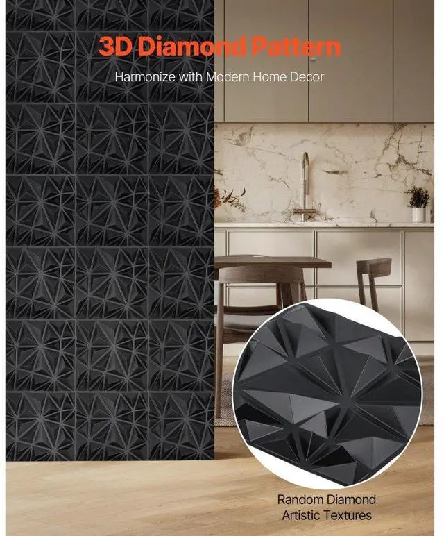 Alt view image 2 of 7 - VEVOR 3D Wall Panels 33-Pack 11.81 x 11.81'' PVC 32 Sq.Ft Coverage Diamond Matte Black