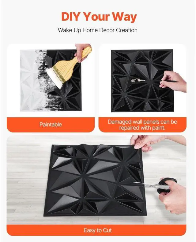 Alt view image 3 of 7 - VEVOR 3D Wall Panels 33-Pack 11.81 x 11.81'' PVC 32 Sq.Ft Coverage Diamond Matte Black