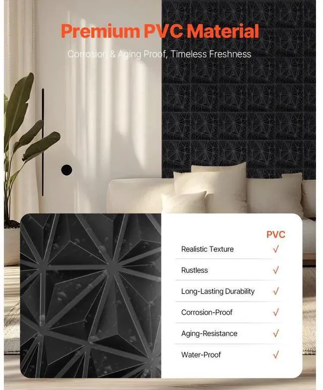 Alt view image 4 of 7 - VEVOR 3D Wall Panels 33-Pack 11.81 x 11.81'' PVC 32 Sq.Ft Coverage Diamond Matte Black