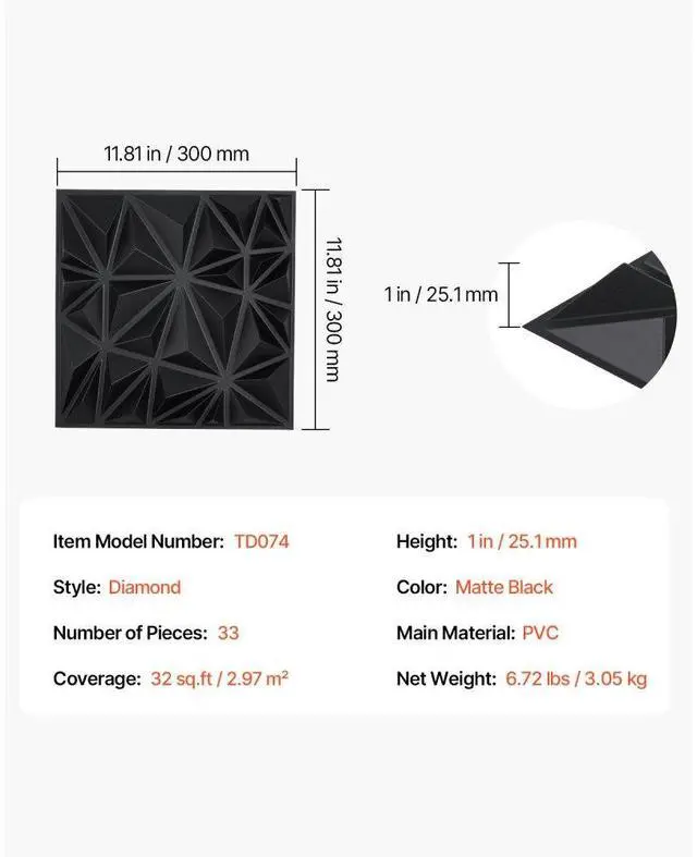 Alt view image 7 of 7 - VEVOR 3D Wall Panels 33-Pack 11.81 x 11.81'' PVC 32 Sq.Ft Coverage Diamond Matte Black