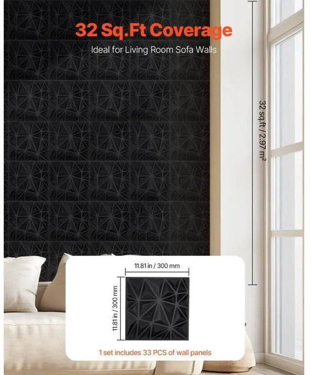 Alt view image 5 of 7 - VEVOR 3D Wall Panels 33-Pack 11.81 x 11.81'' PVC 32 Sq.Ft Coverage Diamond Matte Black