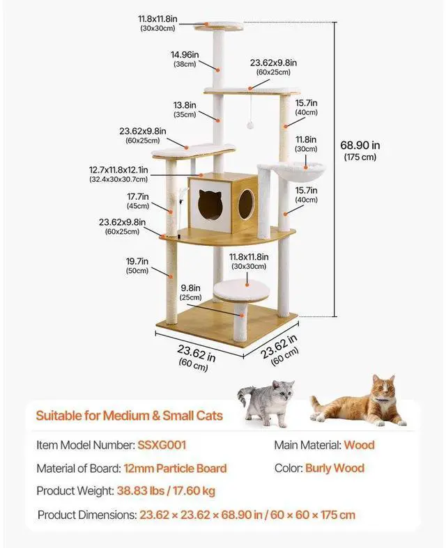 Alt view image 7 of 7 - VEVOR Large Cat Tree 68.9" Tall Cat Tower Multi-level Cat Condo Indoor Play House