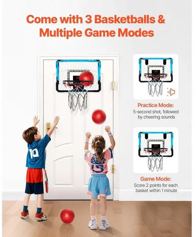 Alt view image 5 of 14 - VEVOR Kids Basketball Hoop with LED Lights & Audio Scoreboard Indoor Basketball Hoop