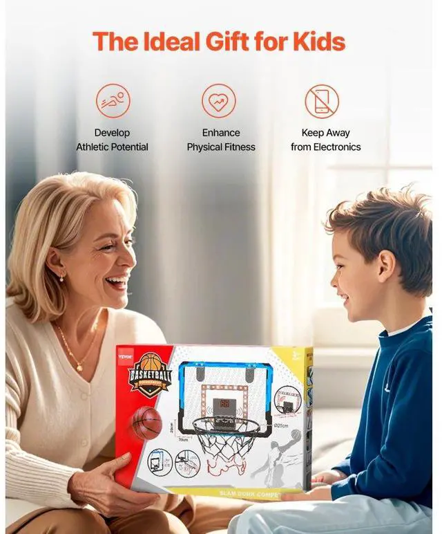 Alt view image 6 of 14 - VEVOR Kids Basketball Hoop with LED Lights & Audio Scoreboard Indoor Basketball Hoop