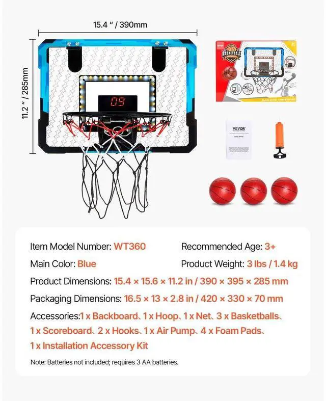 Alt view image 7 of 14 - VEVOR Kids Basketball Hoop with LED Lights & Audio Scoreboard Indoor Basketball Hoop