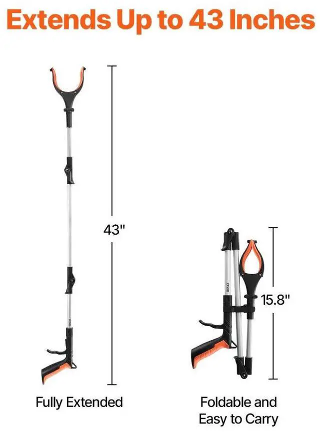 Alt view image 2 of 7 - VEVOR Grabber Reacher Tool, 43" Foldable Reacher Grabber Pickup Tool with 360° Rotating Jaw, Magnet and LED Light, Lightweight Grabber Reacher Tool for Seniors, Extra Long Trash Picker Upper Grabber