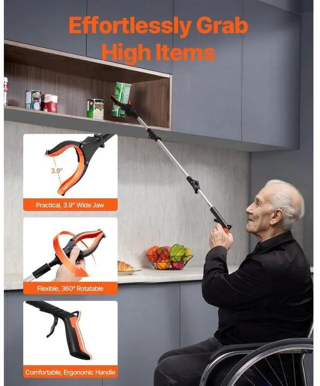 Alt view image 3 of 7 - VEVOR Grabber Reacher Tool, 43" Foldable Reacher Grabber Pickup Tool with 360° Rotating Jaw, Magnet and LED Light, Lightweight Grabber Reacher Tool for Seniors, Extra Long Trash Picker Upper Grabber