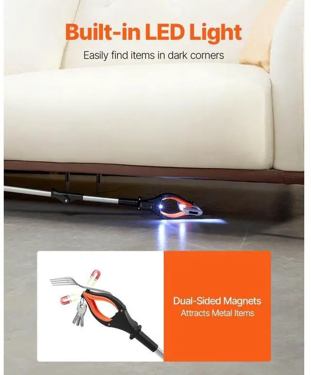 Alt view image 5 of 7 - VEVOR Grabber Reacher Tool, 43" Foldable Reacher Grabber Pickup Tool with 360° Rotating Jaw, Magnet and LED Light, Lightweight Grabber Reacher Tool for Seniors, Extra Long Trash Picker Upper Grabber