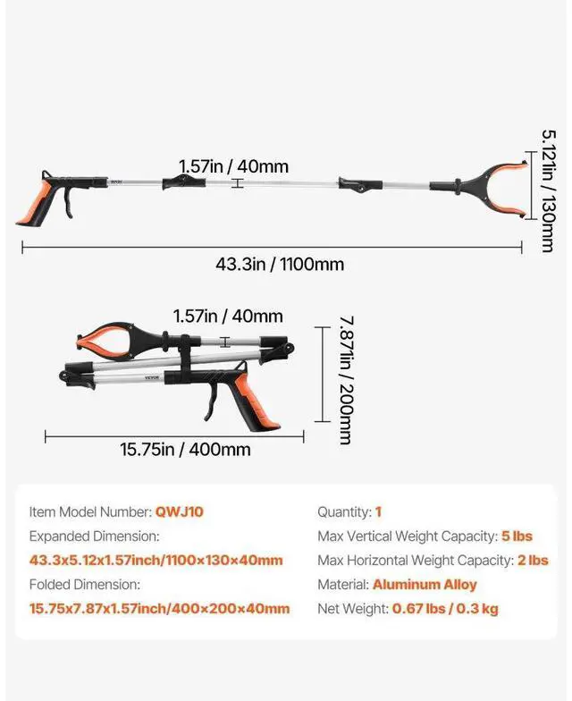 Alt view image 7 of 7 - VEVOR Grabber Reacher Tool, 43" Foldable Reacher Grabber Pickup Tool with 360° Rotating Jaw, Magnet and LED Light, Lightweight Grabber Reacher Tool for Seniors, Extra Long Trash Picker Upper Grabber