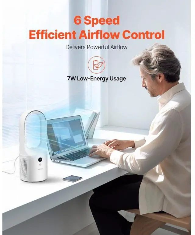 Alt view image 2 of 7 - VEVOR Portable Desk Bladeless Fan 12.99" 6-Speed Quiet Table Fan for Bedroom & Office