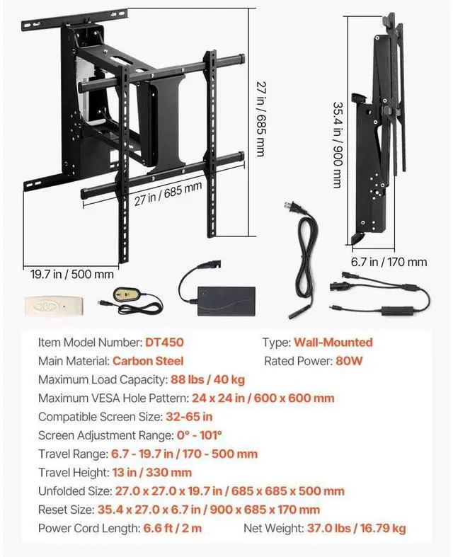 Alt view image 7 of 7 - VEVOR Motorized TV Wall Mount, 32-65 in Electric Fireplace TV Wall Mount Black
