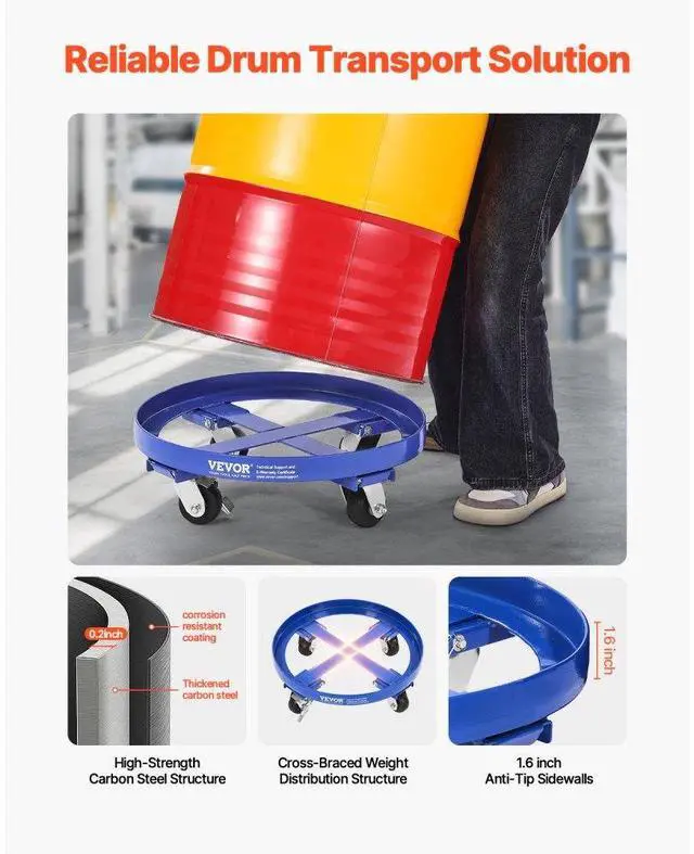 Alt view image 3 of 7 - VEVOR 55 Gallon Drum Dolly 2000 lbs Barrel Dolly Cart Drum Caddy 4 Caster Wheels