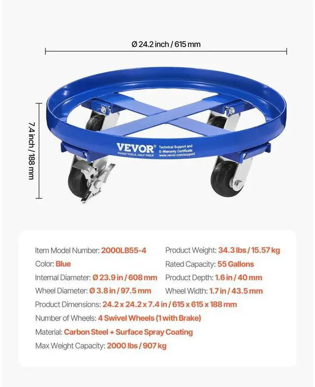 Alt view image 7 of 7 - VEVOR 55 Gallon Drum Dolly 2000 lbs Barrel Dolly Cart Drum Caddy 4 Caster Wheels