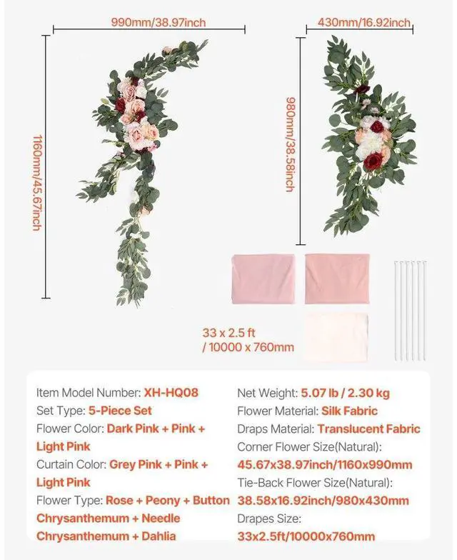 Alt view image 7 of 7 - VEVOR Artificial Wedding Arch Flowers Kit (Pack of 5) with 33Ft Wedding Arch Draping Fabric,Arch Flowers for Wedding Ceremony and Reception Backdrop Wedding Decoration (Light Pink)