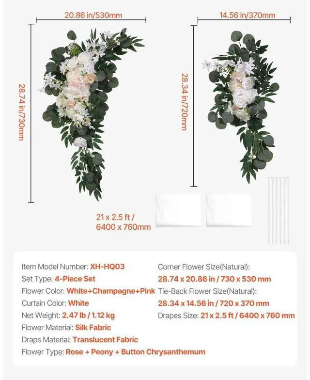 Alt view image 7 of 7 - VEVOR Artificial Wedding Arch Flowers Kit (Pack of 4) with 21Ft Wedding Arch Draping Fabric,Arch Flowers for Wedding Ceremony and Reception Backdrop Wedding Decoration (White)