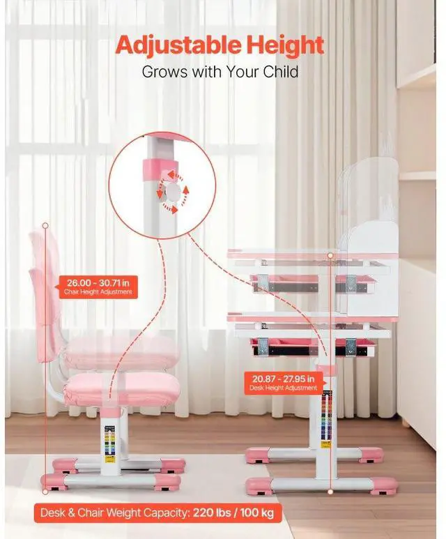 Alt view image 2 of 7 - VEVOR Kids Study Chair and Desk with Bookshelf & Drawer Adjustable Height Pink