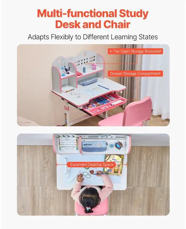 Alt view image 3 of 7 - VEVOR Kids Study Chair and Desk with Bookshelf & Drawer Adjustable Height Pink