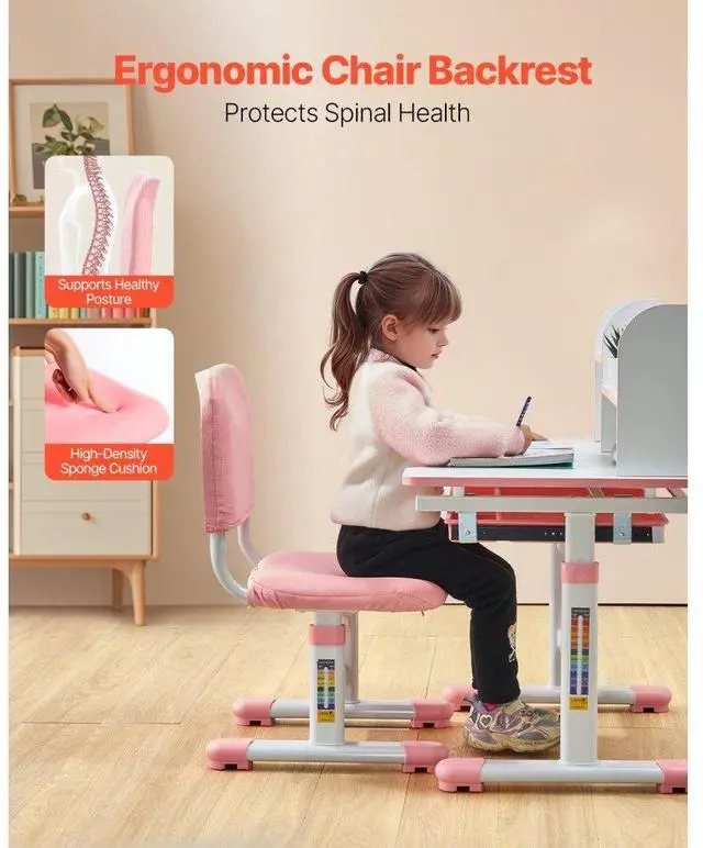 Alt view image 4 of 7 - VEVOR Kids Study Chair and Desk with Bookshelf & Drawer Adjustable Height Pink