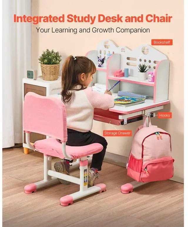 Alt view image 5 of 7 - VEVOR Kids Study Chair and Desk with Bookshelf & Drawer Adjustable Height Pink