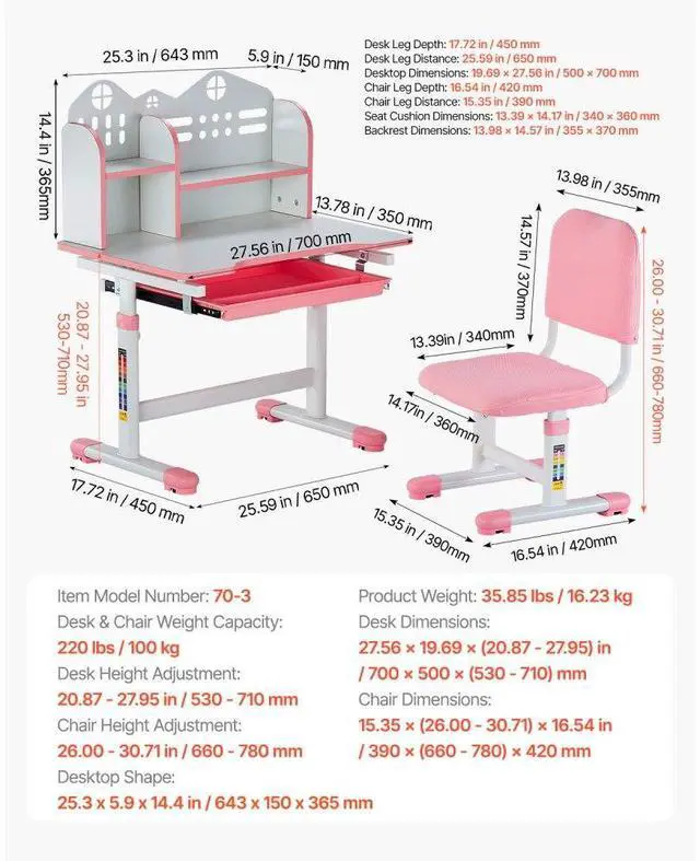 Alt view image 7 of 7 - VEVOR Kids Study Chair and Desk with Bookshelf & Drawer Adjustable Height Pink