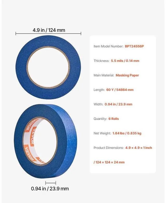 Alt view image 7 of 14 - VEVOR Painters Tape 1 Inch Wide (0.94 In x 60 Yds) 6 Rolls Blue Painter Masking Tape