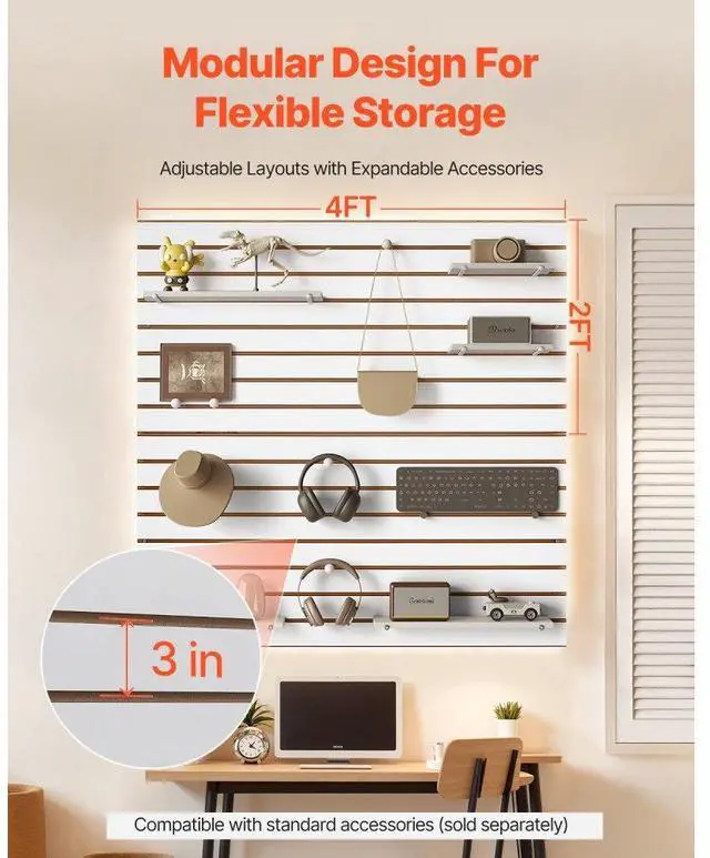 Alt view image 4 of 7 - VEVOR 4 x 4 ft Slat Wall Paneling MDF White Garage Slatwall with Modular Design