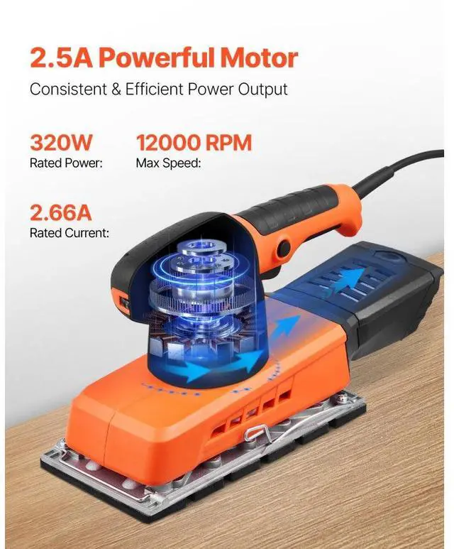 Alt view image 2 of 7 - VEVOR 1/2 Sheet Sander 320W Max 12000 RPM Sheet Finishing Sander for Woodworking