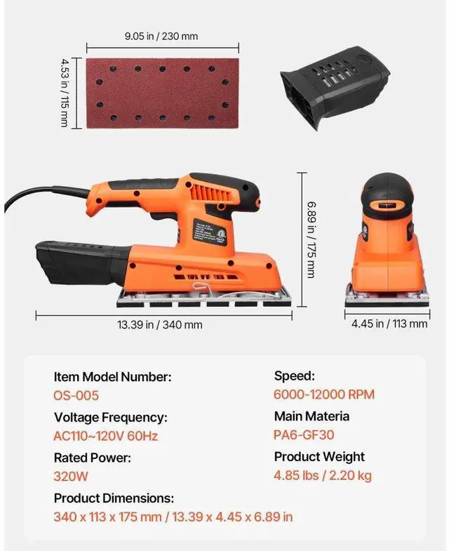 Alt view image 7 of 7 - VEVOR 1/2 Sheet Sander 320W Max 12000 RPM Sheet Finishing Sander for Woodworking