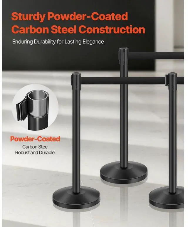 Alt view image 2 of 7 - VEVOR Stanchion Post, 6 Pcs Stanchions with Retractable Belts, Carbon Steel Black Stanchions Queue with Sand Injection Hollow Base, Crowd Control Barriers for Theaters, Parties, Weddings, Exhibitions