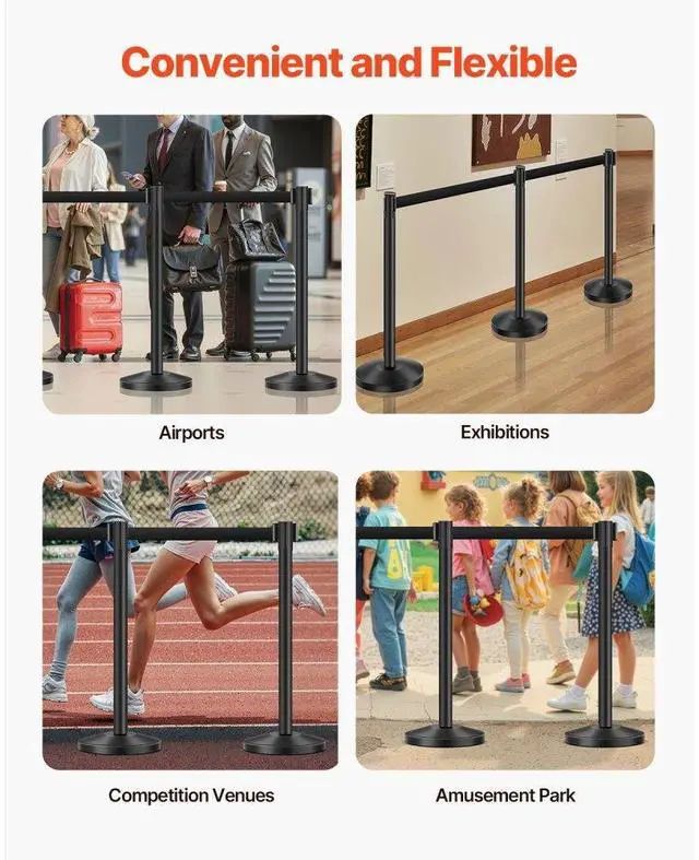Alt view image 5 of 7 - VEVOR Stanchion Post, 6 Pcs Stanchions with Retractable Belts, Carbon Steel Black Stanchions Queue with Sand Injection Hollow Base, Crowd Control Barriers for Theaters, Parties, Weddings, Exhibitions