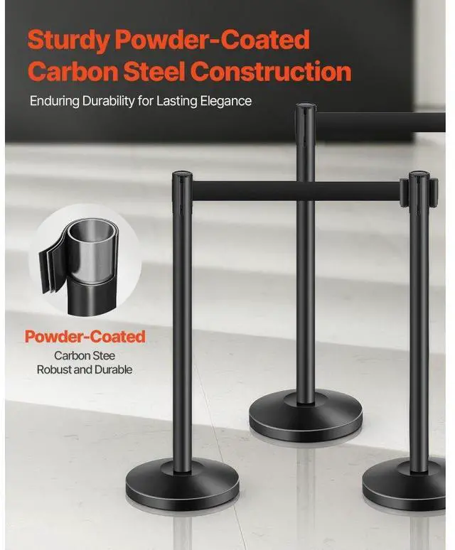 Alt view image 2 of 7 - VEVOR Stanchion Post, 4 Pcs Stanchions with Retractable Belts, Carbon Steel Black Stanchions Queue with Sand Injection Hollow Base, Crowd Control Barriers for Theaters, Parties, Weddings, Exhibitions