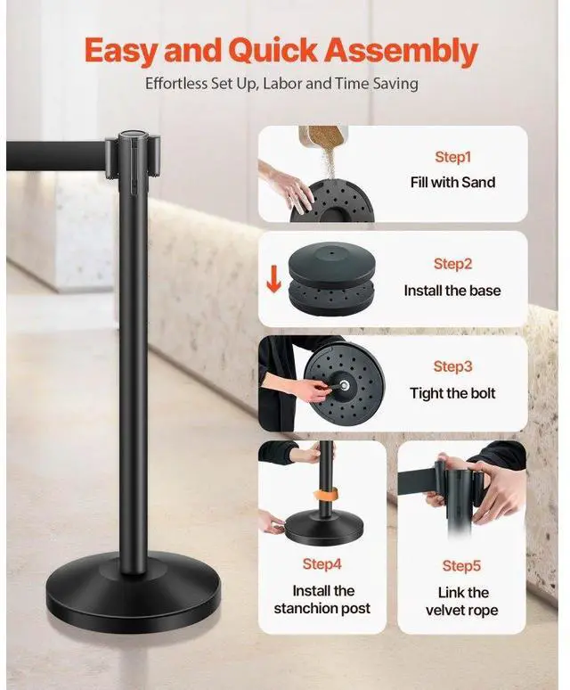Alt view image 4 of 7 - VEVOR Stanchion Post, 4 Pcs Stanchions with Retractable Belts, Carbon Steel Black Stanchions Queue with Sand Injection Hollow Base, Crowd Control Barriers for Theaters, Parties, Weddings, Exhibitions