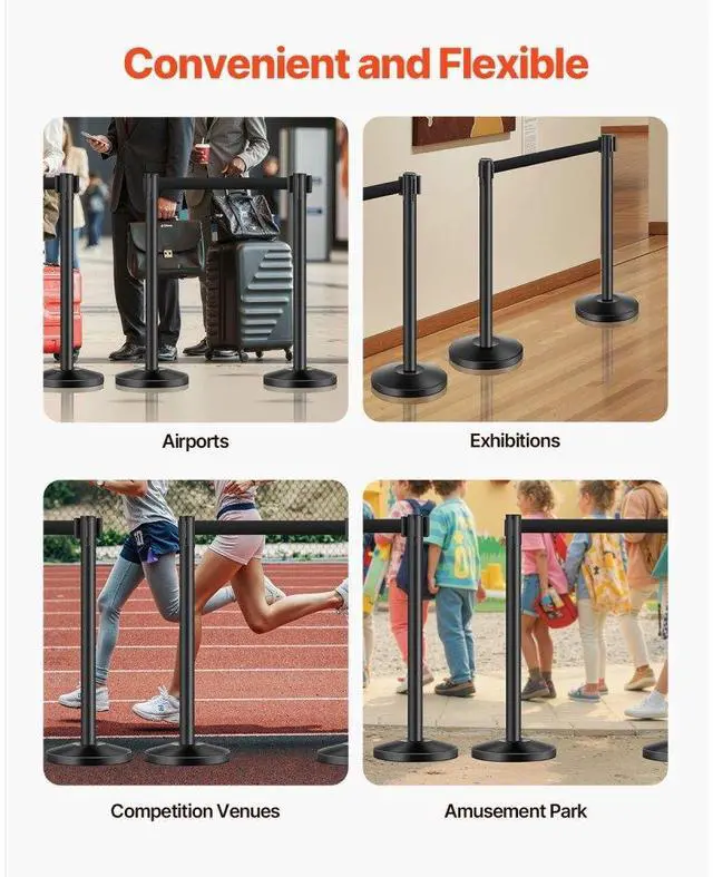 Alt view image 5 of 7 - VEVOR Stanchion Post, 4 Pcs Stanchions with Retractable Belts, Carbon Steel Black Stanchions Queue with Sand Injection Hollow Base, Crowd Control Barriers for Theaters, Parties, Weddings, Exhibitions