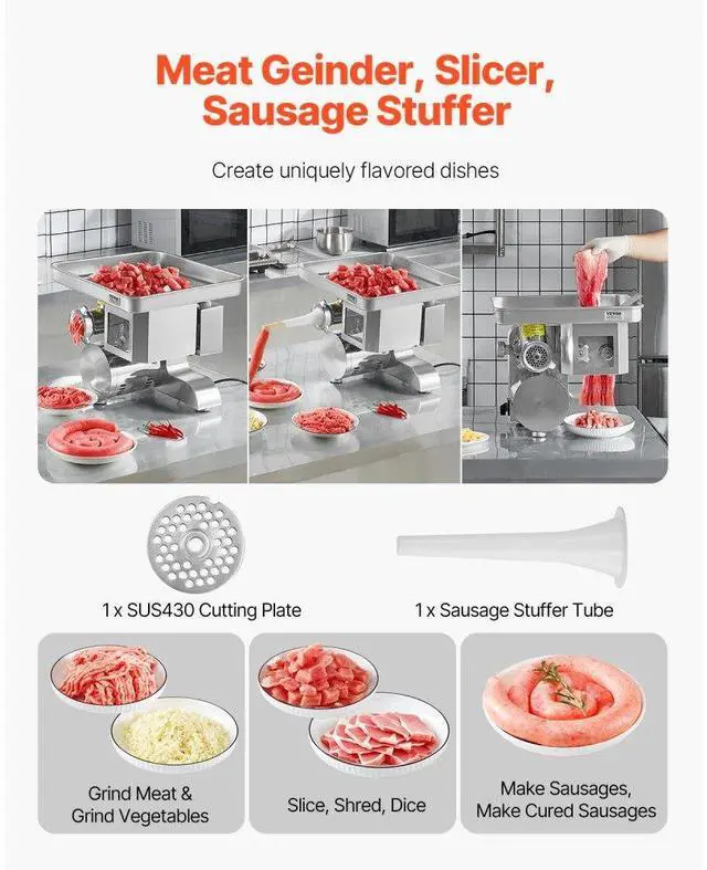 Alt view image 2 of 14 - VEVOR Commercial Electric Meat Grinder Slicer 11 Lbs/Min Sausage Stuffer Maker Kitchen