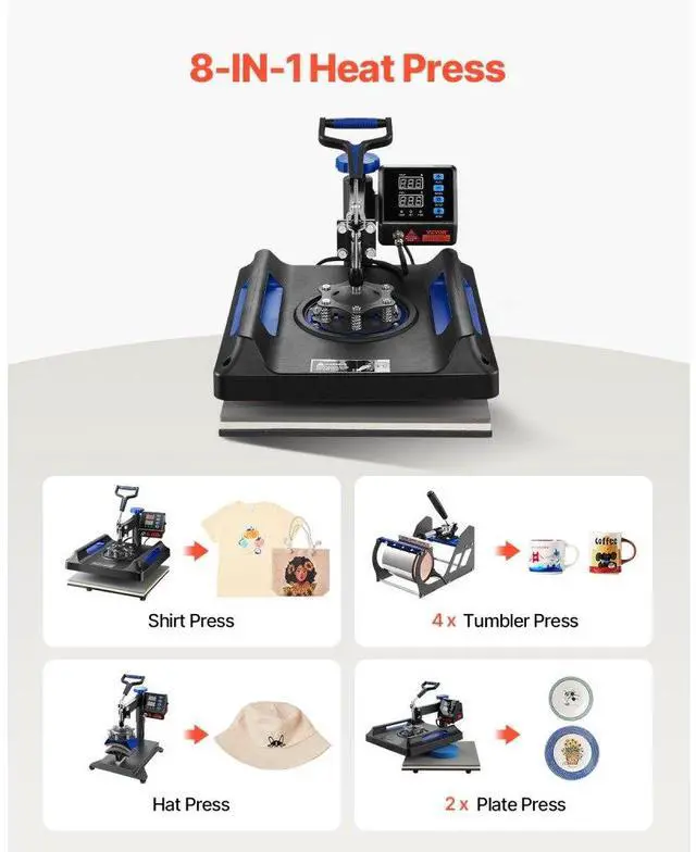 Alt view image 2 of 7 - VEVOR Heat Press Machine Sublimation Machine 15 x 15 inch 8 In 1 Blue Heat Press Set