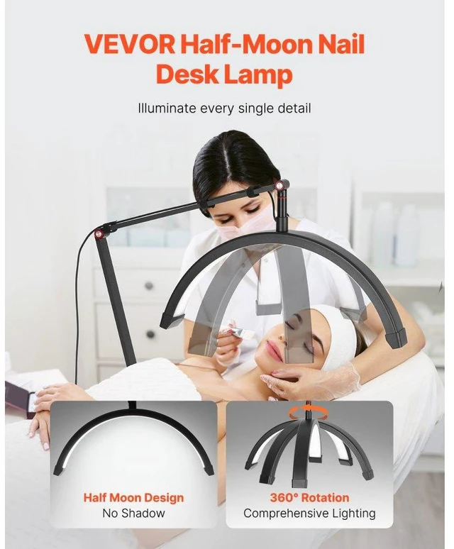Alt view image 2 of 14 - VEVOR Nail Desk Light 20 W Clip on Half Moon Lash Light with Phone Holder Arched LED