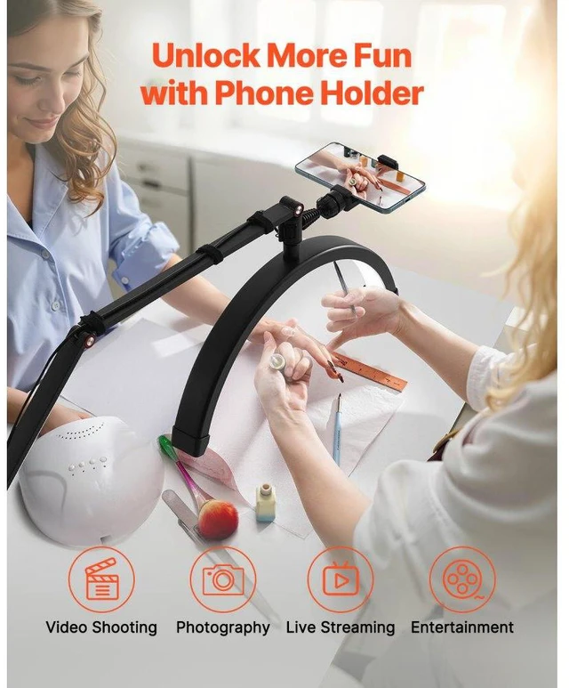 Alt view image 4 of 14 - VEVOR Nail Desk Light 20 W Clip on Half Moon Lash Light with Phone Holder Arched LED