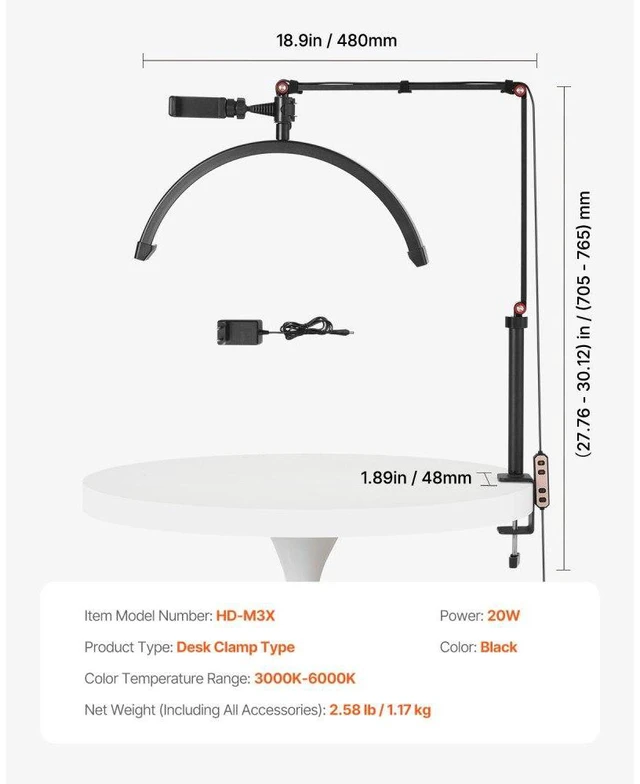Alt view image 7 of 14 - VEVOR Nail Desk Light 20 W Clip on Half Moon Lash Light with Phone Holder Arched LED